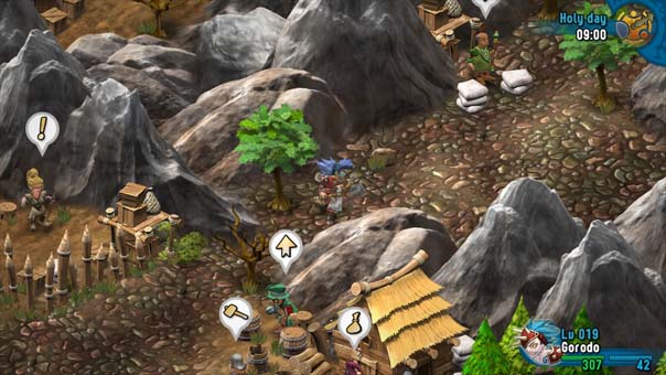 "Screenshot from the Rainbow Moon review showing a vendor in a dirty, muddy area with an icon above their head.