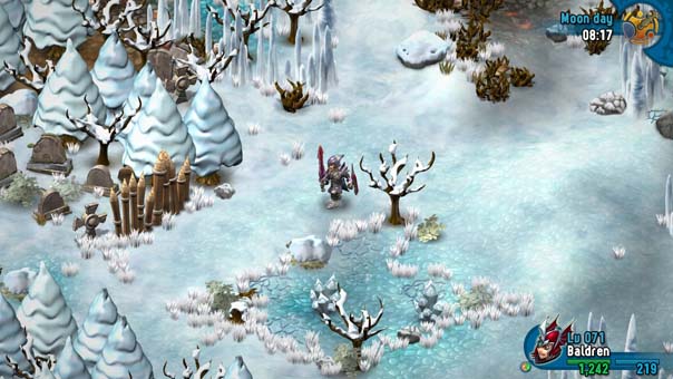 Action shot from the Rainbow Moon review of a party traversing a snowy world with mountains and patrolling enemies.
