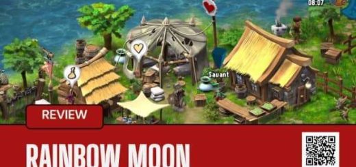 Makeshift camp in a lush green world with a bright blue ocean backdrop from the Rainbow Moon review.