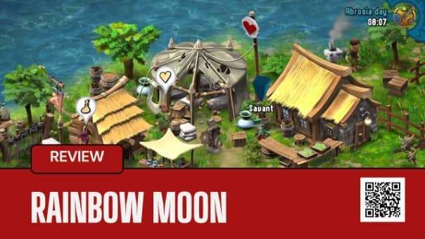 Makeshift camp in a lush green world with a bright blue ocean backdrop from the Rainbow Moon review.