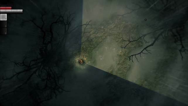 Darkwood preview gameplay featuring an open forest with scattered trees illuminated by faint light.