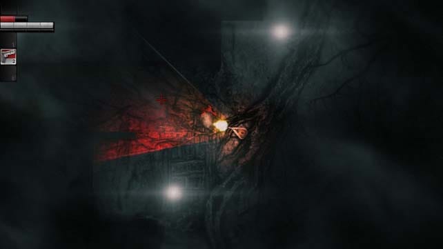 Darkwood preview gameplay featuring blood-streaked floors piercing darkness and eerie surreal imagery.