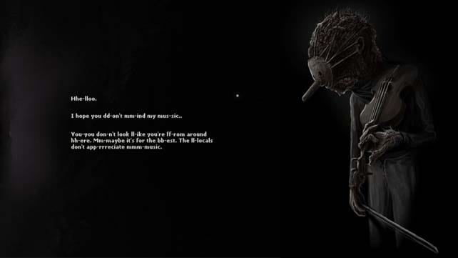 Darkwood preview game review with eerie text on screen and a creepy doll-masked figure in shadowed darkness.