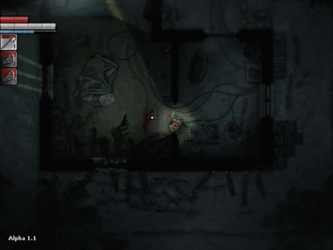 "Darkwood preview game review in an empty room with scattered junk and a makeshift bed in the shadows.