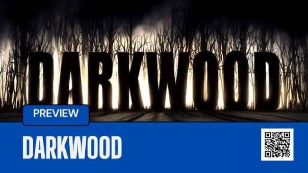 Darkwood title image featuring the game's name with trees growing from the letters, illuminated by bright light.