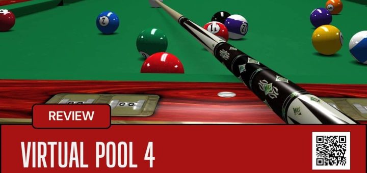 A player lines up a precise snooker shot in Virtual Pool 4, showcasing its realism and traditional table design.