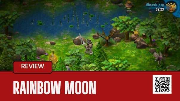 Rainbow Moon Review character nearing a forest beehive, showcasing exploration and tension