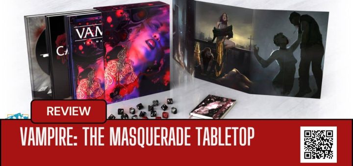 A tabletop setup featuring Vampire: The Masquerade core rulebooks, dice, cards, and GM screen in dramatic lighting.