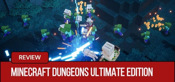 A chaotic fight in Minecraft Dungeons Ultimate Edition as the hero faces a massive zombie mob and a golem.