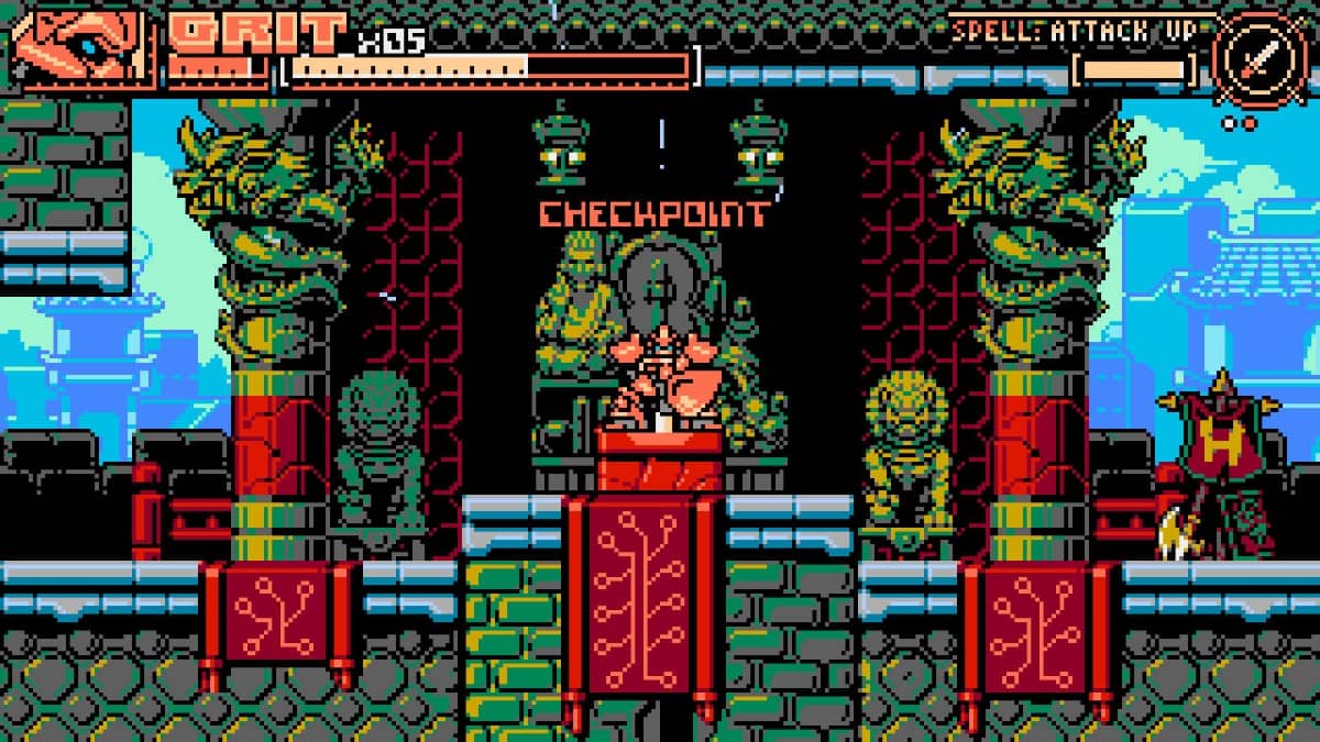 Panzer Paladin reaches a glowing checkpoint in a jade statue-filled oriental stage, highlighting its level design and progression.