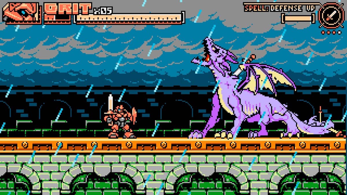 Panzer Paladin faces off against a massive dragon in a stormy arena, with rain and lightning intensifying the pixel battle.