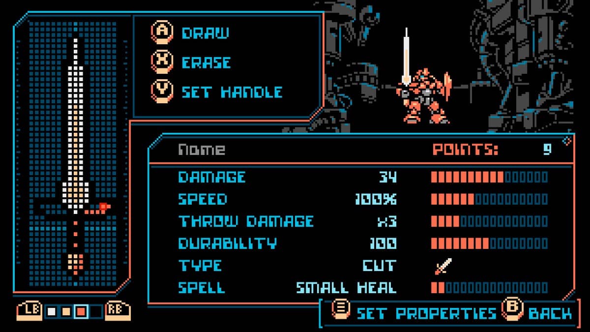 Panzer Paladin’s weapon creation screen showing custom blade designs and the forge interface in action.