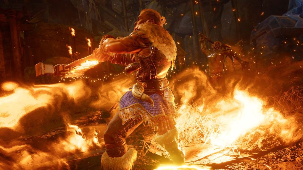 A blazing battle erupts in Dungeons & Dragons: Dark Alliance, with fire and blades flying in a chaotic melee clash.