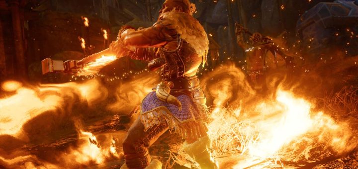 A blazing battle erupts in Dungeons & Dragons: Dark Alliance, with fire and blades flying in a chaotic melee clash.