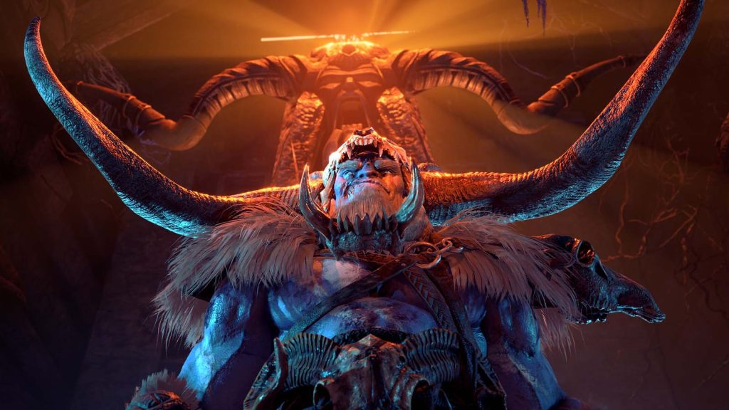 Wulfgar the barbarian stands tall in Dungeons & Dragons: Dark Alliance, his ornate helmet gleaming from a rear close-up angle.