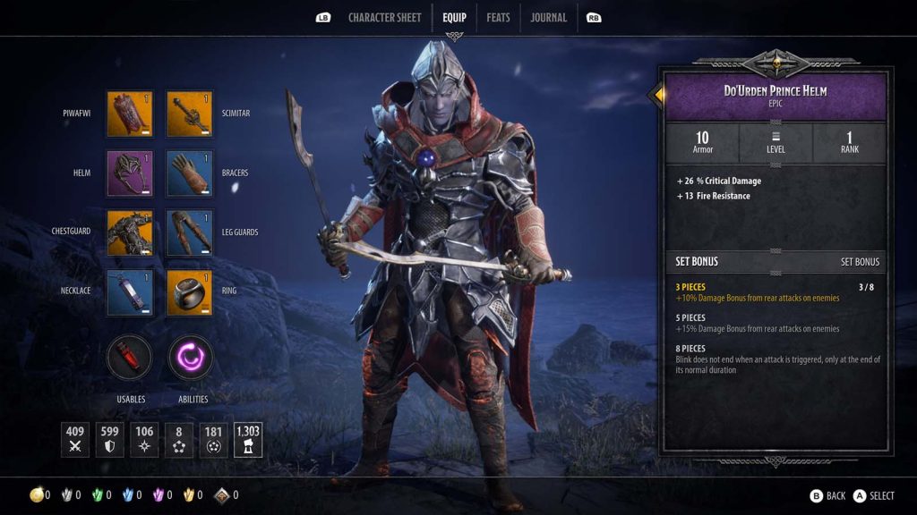 Dungeons & Dragons: Dark Alliance inventory screen showing gear slots, rarity levels, and character model in full view.