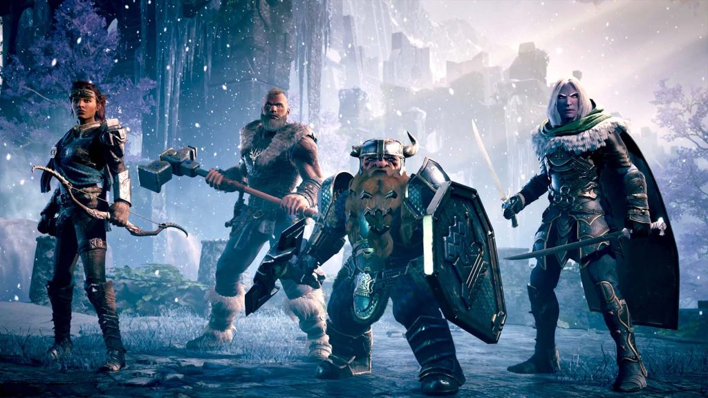 The three heroes of Dungeons & Dragons: Dark Alliance stand ready in a snowy battlefield with weapons drawn.