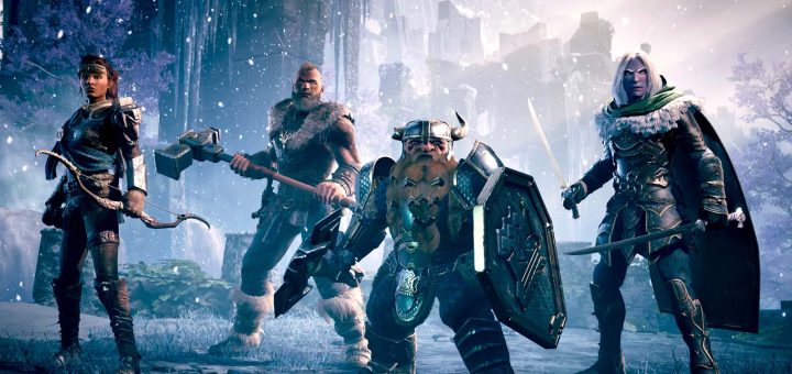 The three heroes of Dungeons & Dragons: Dark Alliance stand ready in a snowy battlefield with weapons drawn.