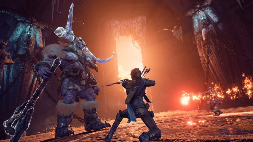 Catti-Brie fires a precise arrow at a charging troll in Dungeons & Dragons: Dark Alliance, showcasing ranged combat intensity.