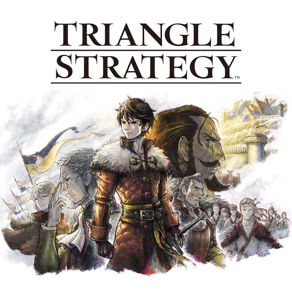 Triangle Strategy logo with Serenoa Wolffort and key allies, highlighting the game’s tactical RPG roots.