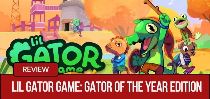 Characters from Lil Gator Game Gator Of The Year Edition posing with cardboard swords in front of the island playground.