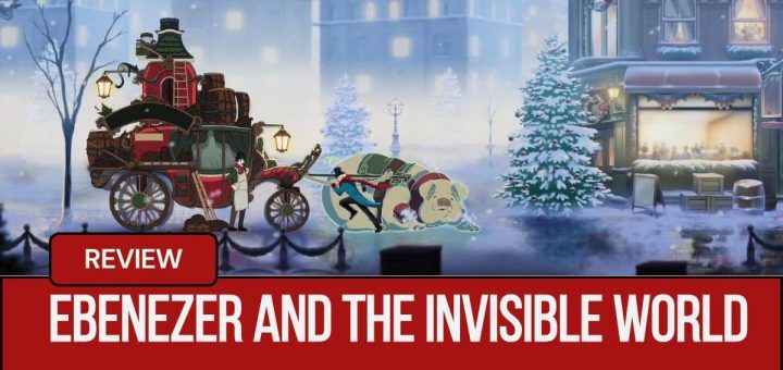 Ebenezer And The Invisible World scene showing Ebenezer meeting a salesman with a pig resting by a Christmas cart.