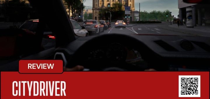 Inside view of CityDriver’s dashboard at dusk, showcasing immersive driving in a detailed urban environment.