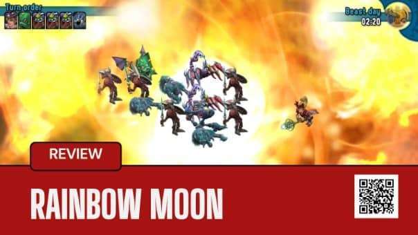 Rainbow Moon Review screenshot of party engulfed in intense fire attack during battle sequence