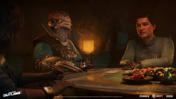 Underbelly bosses gather around a table in Star Wars Outlaws Gold Edition, blending strategy, tension, and criminal intrigue.