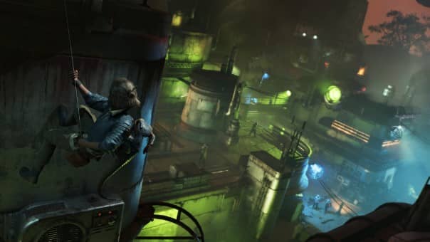 Kay Vess sneaks through a slime-covered industrial base in Star Wars Outlaws Gold Edition, highlighting stealth gameplay.