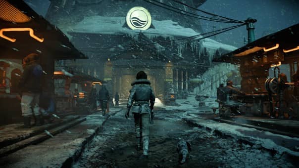 Kay and Nix trek through snow toward a towering fortress in Star Wars Outlaws Gold Edition, hinting at an epic mission ahead.