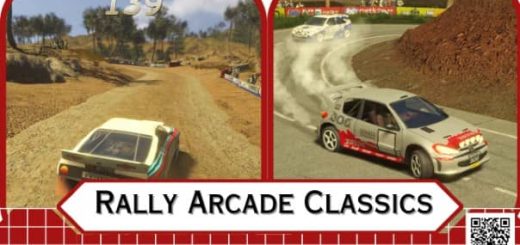 Main image from Rally Arcade Classics Review – rally cars on the road and dirt with game logo.