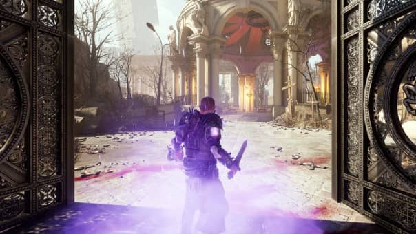 Sancticide gameplay: Ezechiel wielding unholy weapons in a dark, apocalyptic setting