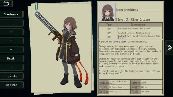 Snezhinka PS5 review character information sheet with detailed stats and background