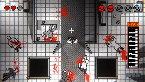 The Zebra-Man! room with dead doctors, the player character standing amidst blood-soaked chaos