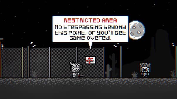 The Zebra-Man! standing at a restricted area sign at the start of the game