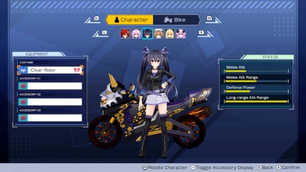 Customization options for Neptunia Riders
