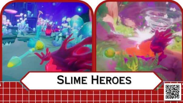 Main image of Slime Heroes game review featuring two in-game scenes with title