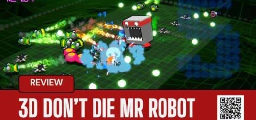 In-game scene from 3D Don’t Die Mr Robot on PlayStation 5: Main character robot being eaten by a large creature, pursued by rockets with faces, amidst a backdrop of scattered fruits like bananas and strawberries.