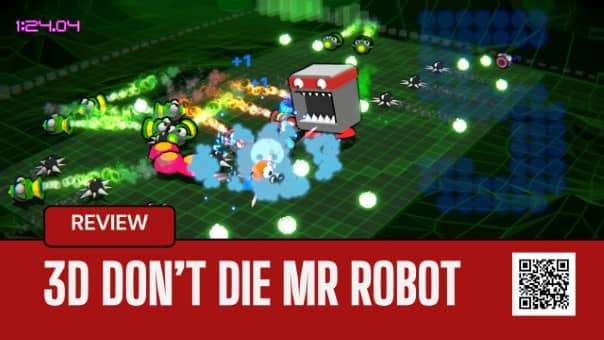 In-game scene from 3D Don’t Die Mr Robot on PlayStation 5: Main character robot being eaten by a large creature, pursued by rockets with faces, amidst a backdrop of scattered fruits like bananas and strawberries.