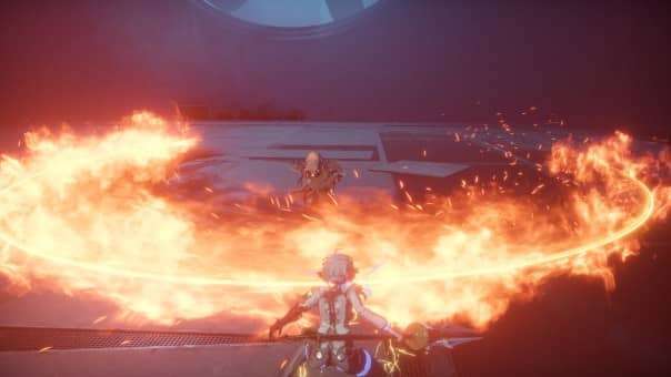 AI Limit Review character performing a powerful flame attack with their weapon in stunning anime-style visuals.