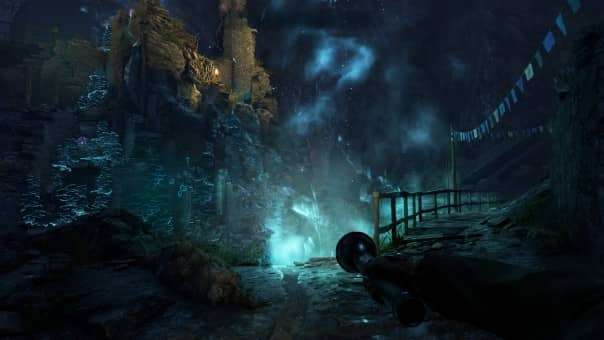 A beautiful dark and dank underworld with intricate markings and structures featured in the Atomfall review, highlighting exploration.