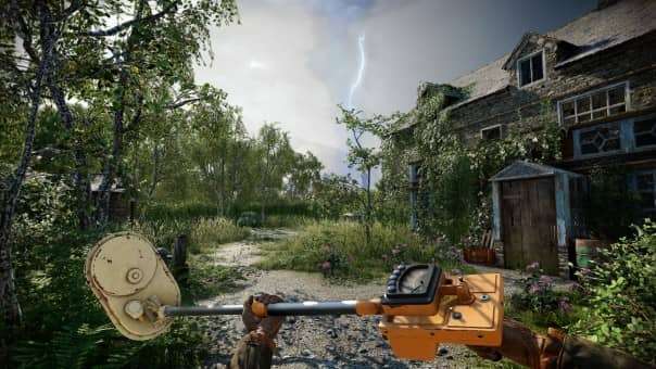 Exploring a quaint English village with a metal detector in the Atomfall review, highlighting the immersive game world.