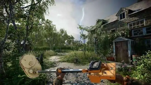 Exploring a quaint English village with a metal detector in the Atomfall review, highlighting the immersive game world.