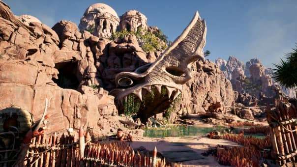 Enemy temple carved into a mountain face in Avowed, showcasing striking environmental design for the Avowed review.