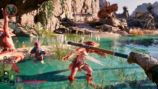 First-person combat in Avowed, showcasing a player fighting near a stunning lake, highlighting action gameplay for the Avowed review.