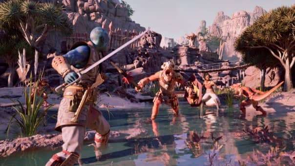 Third-person battle in Avowed, showing the player and party fighting a horde of enemies during action-packed gameplay for the Avowed review.