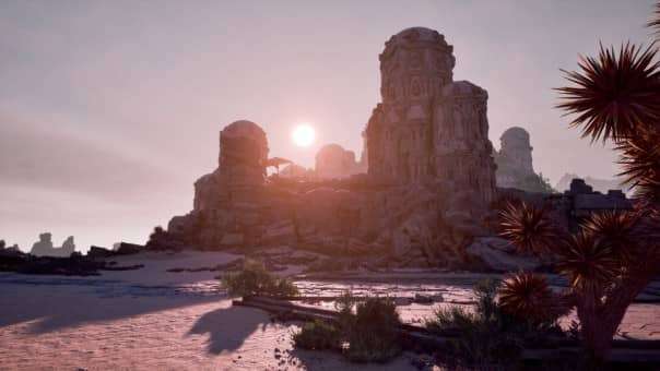A stunning panoramic shot of Avowed's world at sunset, showcasing the vibrant landscapes for the Avowed review.