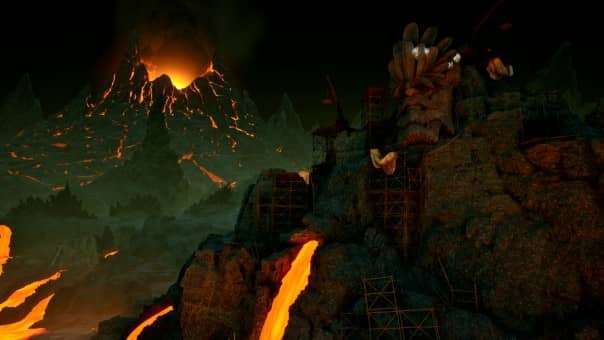 A stunning mountain structure beside an erupting volcano in Avowed, showcasing epic world design for the Avowed review.