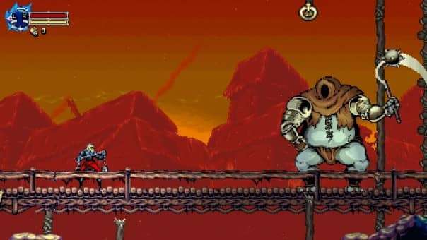 A character facing a formidable boss on a wooden bridge in the game name review.